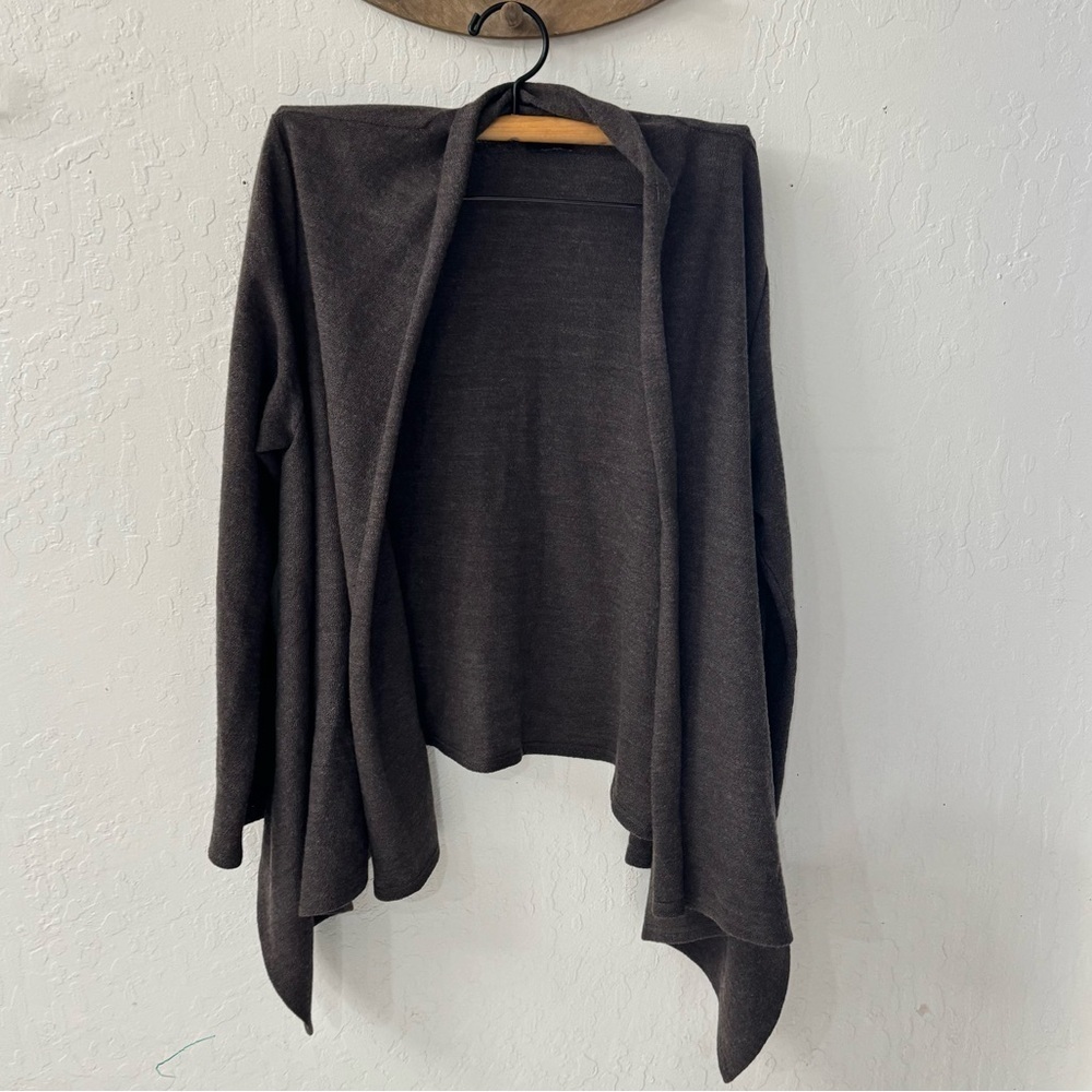 Eileen Fisher Brown Open Front Fold Over Collar Cardigan Sweater 100% wool